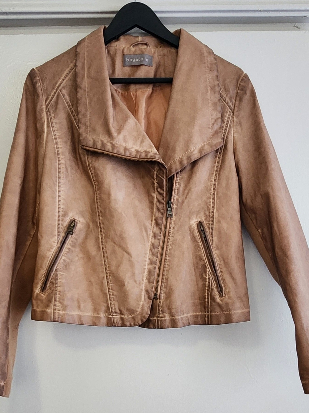 bagatelle Light Tan Faux Leather Asymmetrical Zip Jacket